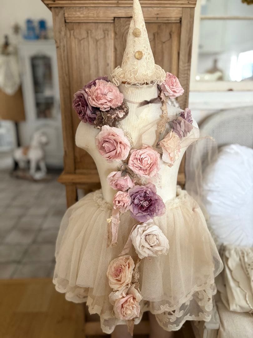 フランスアンティーク クラフトフラワー ガーランド　シャビー トルソー 布花 フラワージャガードドルマンカーディガン | AND ON JIONE STORE