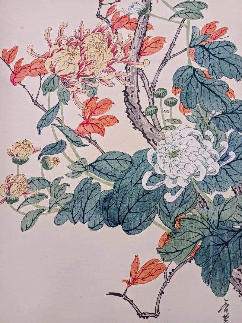 瑠璃色のスズメと大菊の図】掛軸 開運 縁起物 絵 秋 五節句 重陽