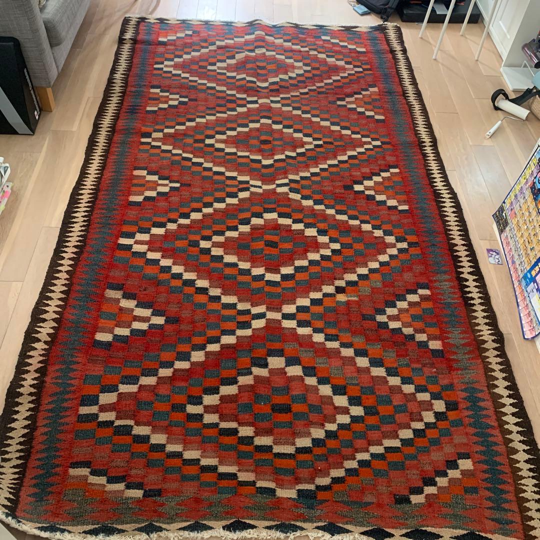 幾何学模様 ウールラグ 赤 青 170cm x295cm - メルカリ