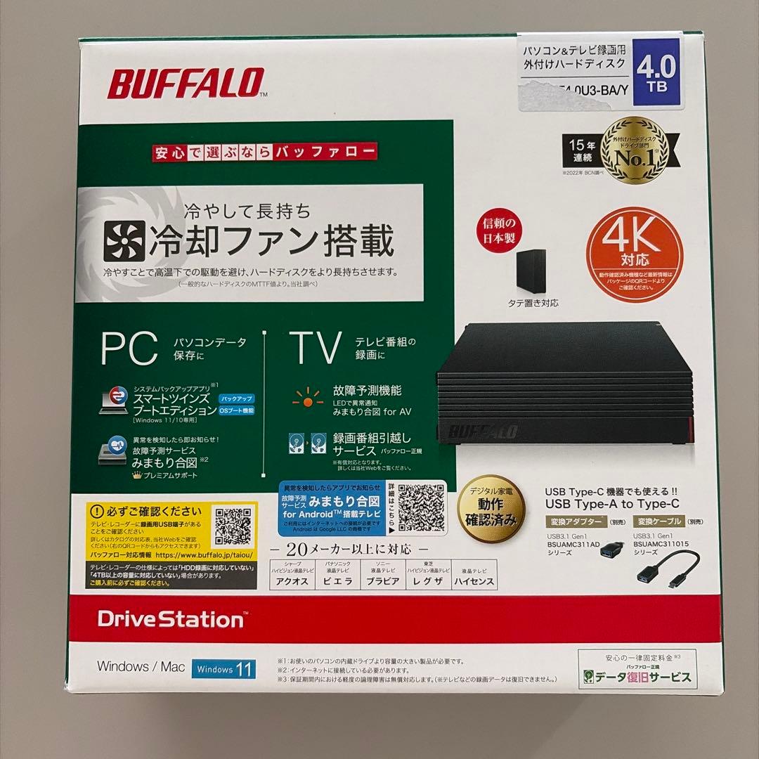 BUFFALO DriveStation 4TB USB外付けハードディスク USB 3.2(Gen1)対応 パソコン＆テレビ録画用 外付けハードディスク 4TB