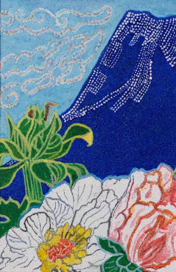 片岡球子 油彩＋岩粉 肉筆『牡丹と青富士』サイン 共シール F6号 額