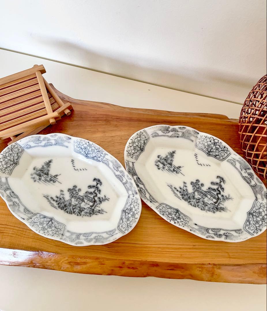 和骨董 染付小鉢 山水画 輪花皿 楕円 松 小皿2点 - メルカリ