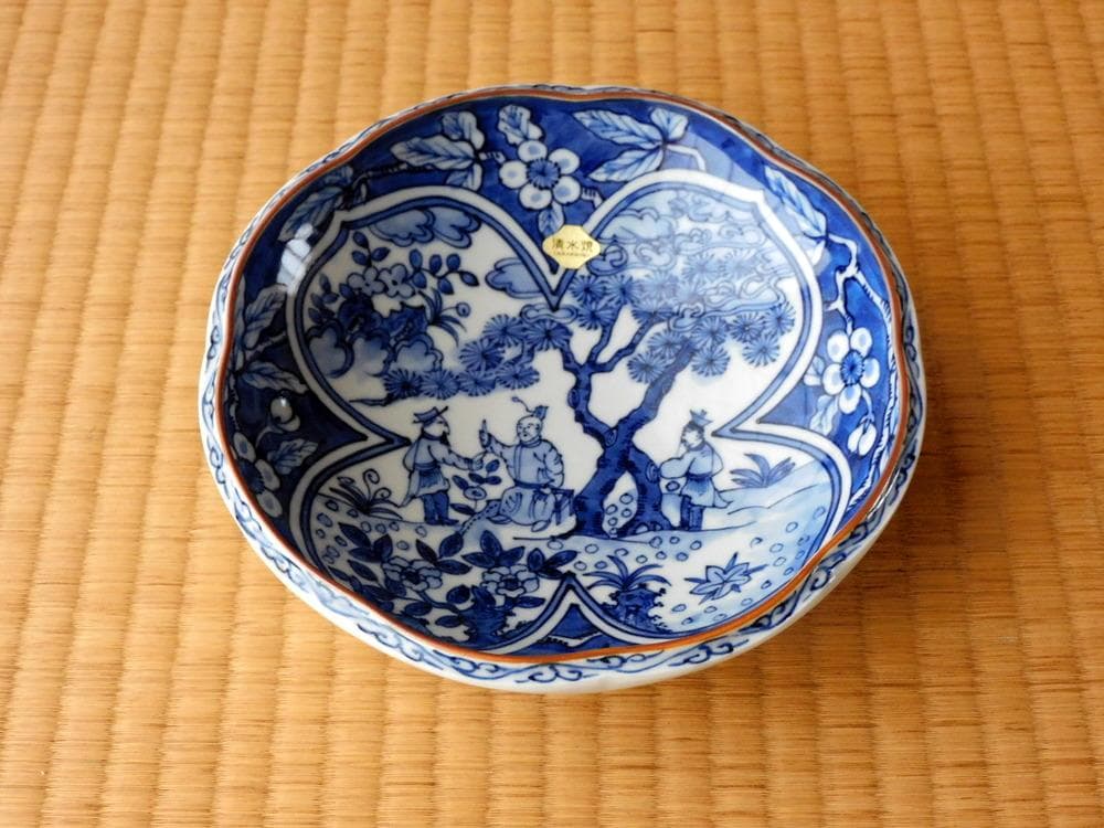 平安秀峰　清水焼　染付　菓子鉢　文人画 平安秀峰 清水焼 染付 菓子鉢 文人画