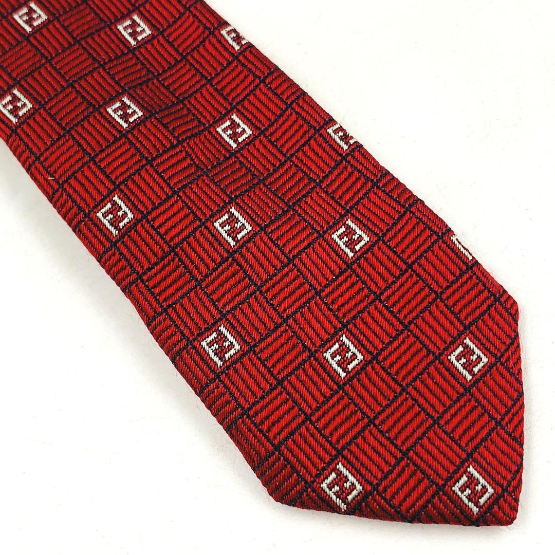 FENDI ネクタイ 高級シルク100% ズッカ ブランドロゴ 赤系 イタリア製