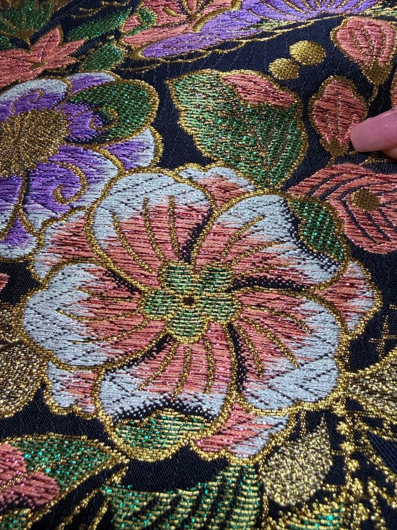 高級 袋帯 正絹 六通柄 辻が花 ブラック ゴールド 振袖 訪問着 色無地