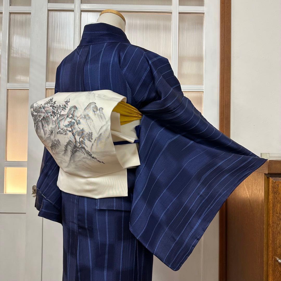 小紋 袷 正絹 紺 よろけ縞 変わり市松 身丈171裄72 トールサイズ