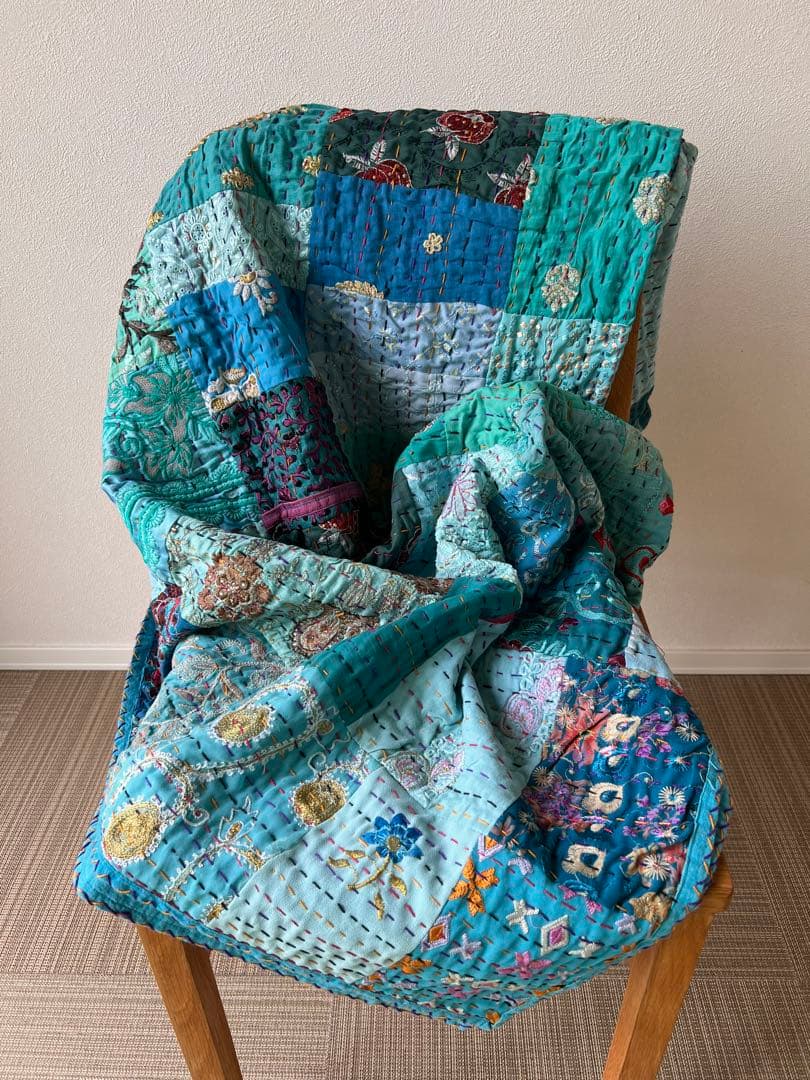 【ほぼ未使用】エンブロイダリー　ターコイズ　パッチワークカンタキルトマルチカバ カンタキルト マルチカバー サリーパッチワーク #32 PINK｜Yahoo