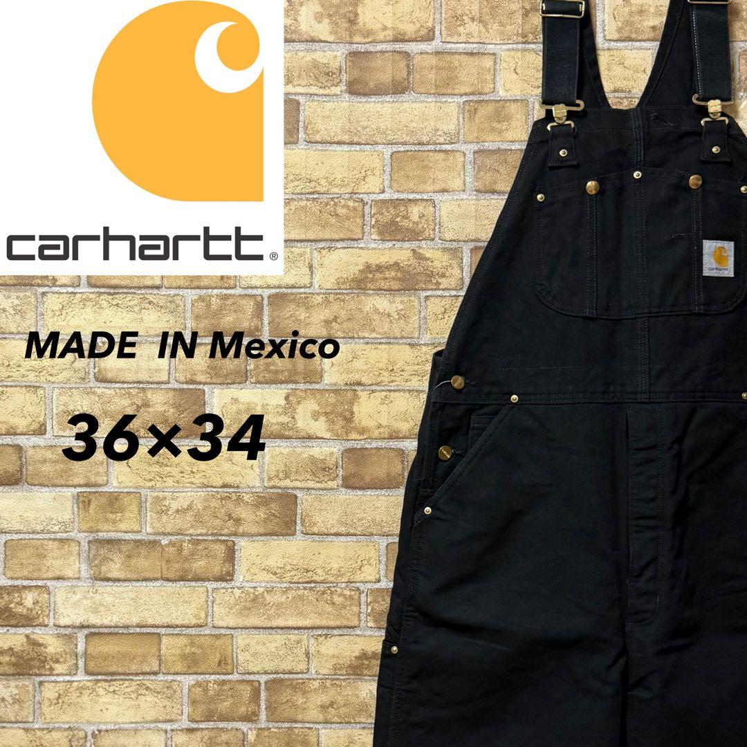 カーハート　メキシコ製　ダック地　オーバーオール　ダブルニー　黒　36/34. メキシコ製 carharttカーハート ダック地 ダブルニー オーバーオール