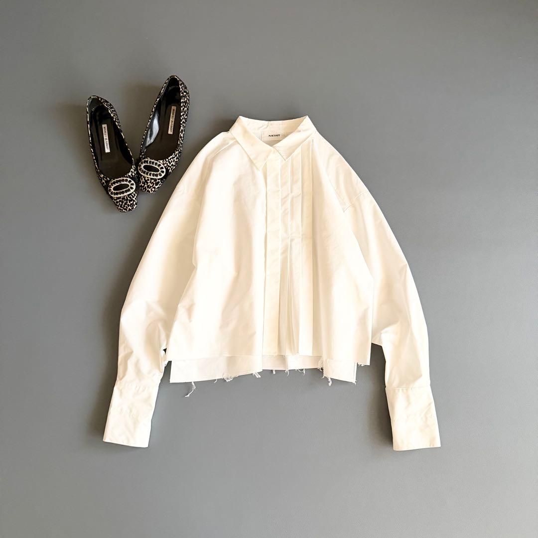 マチャット】タックプリーツクロップドシャツ 長袖 ホワイト 比翼