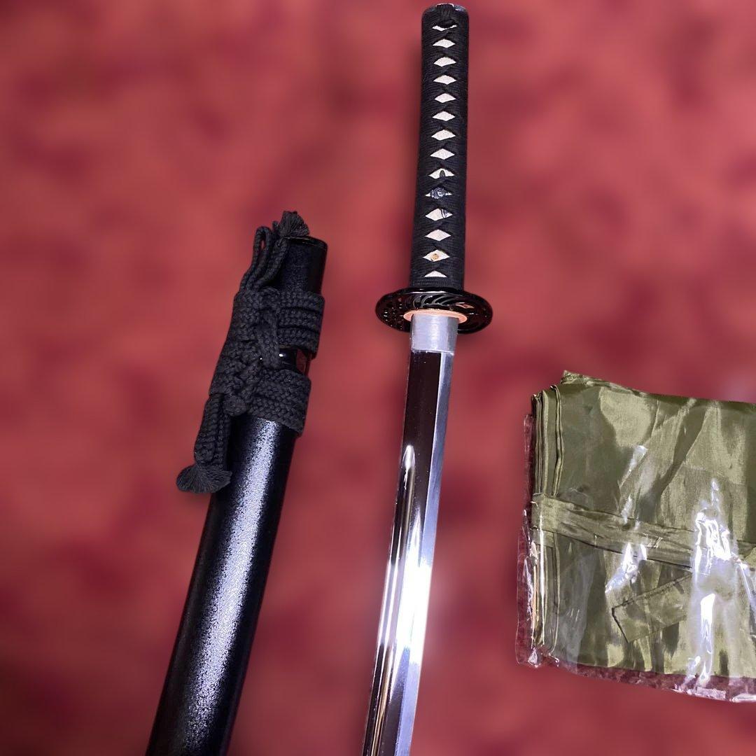 女性•少年向き高級居合刀(刀袋付) 黒柄 鶴羽透し丸鍔