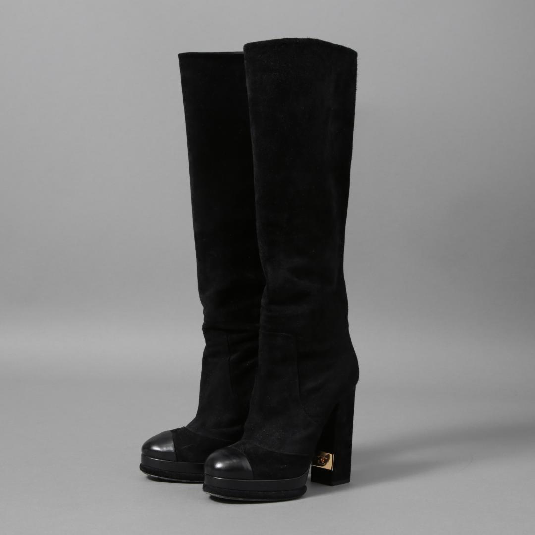 CHANEL CCココマークヒール ロングブーツ ブラックスエード レザー