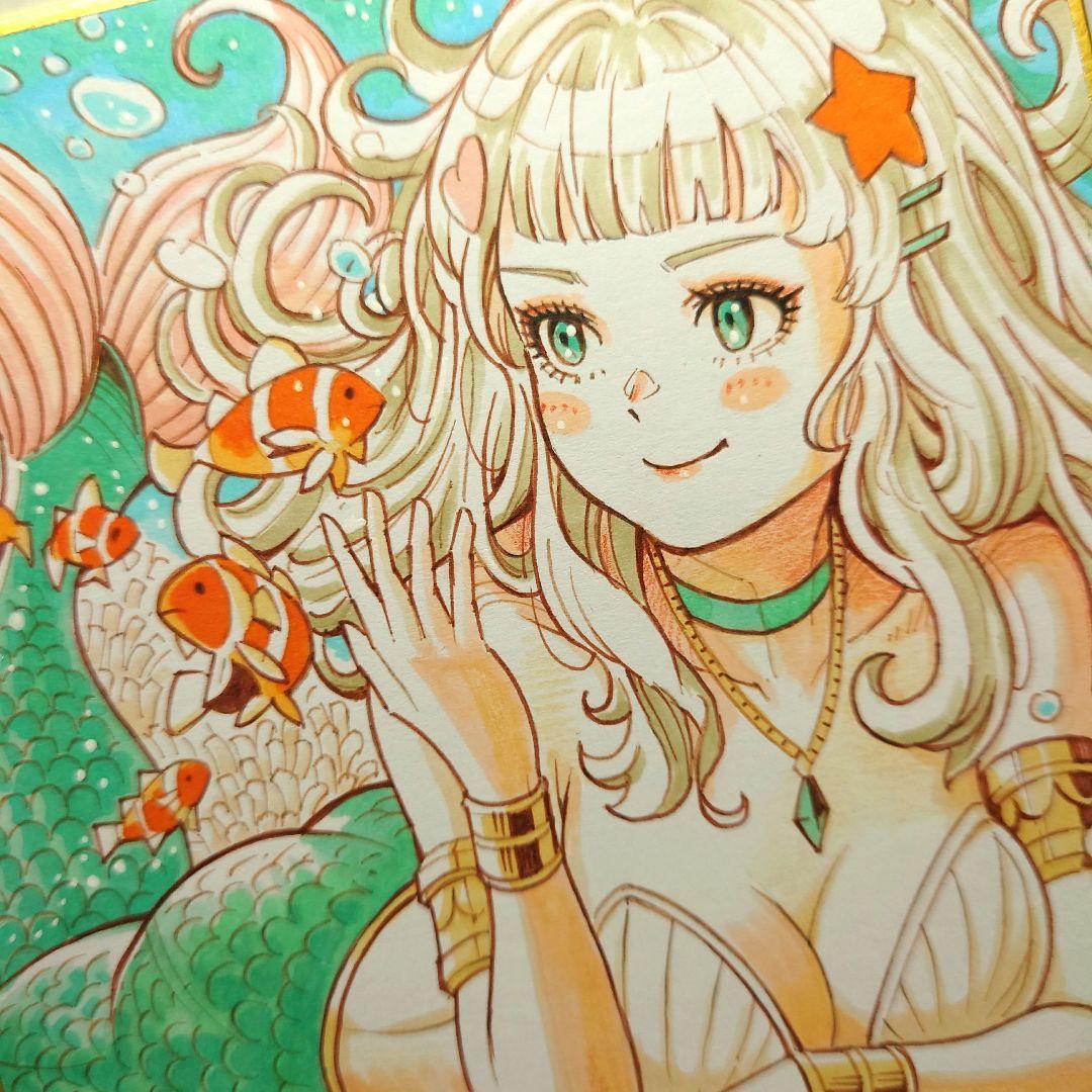 手描きイラスト 065】オリジナル原画色紙 コピック「人魚姫と虹色の海