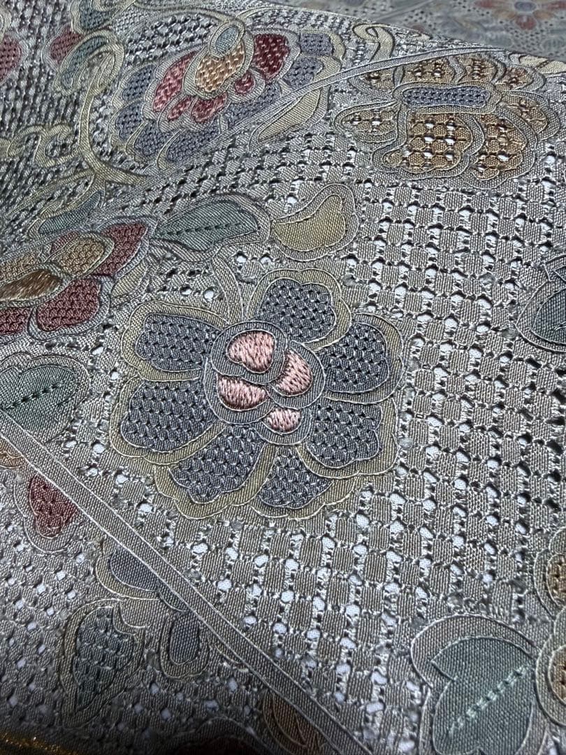 未使用品 高級 袋帯 正絹 六通柄 汕頭刺繍 蘇州刺繍 グリーン カラー芯