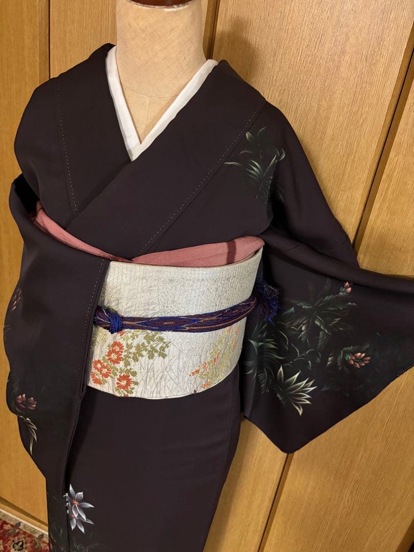 正絹付下げ トールサイズ 裄69 茶紫 油絵風 草花 身丈169.5 幻想的