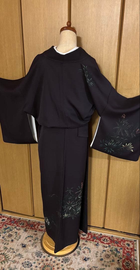 正絹付下げ トールサイズ 裄69 茶紫 油絵風 草花 身丈169.5 幻想的