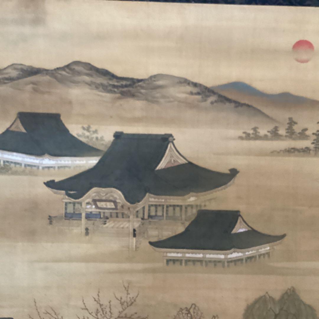 土佐派画紙本【朗詠集祝之詩意】不老門、長生殿之図 掛軸一幅 軸先良品