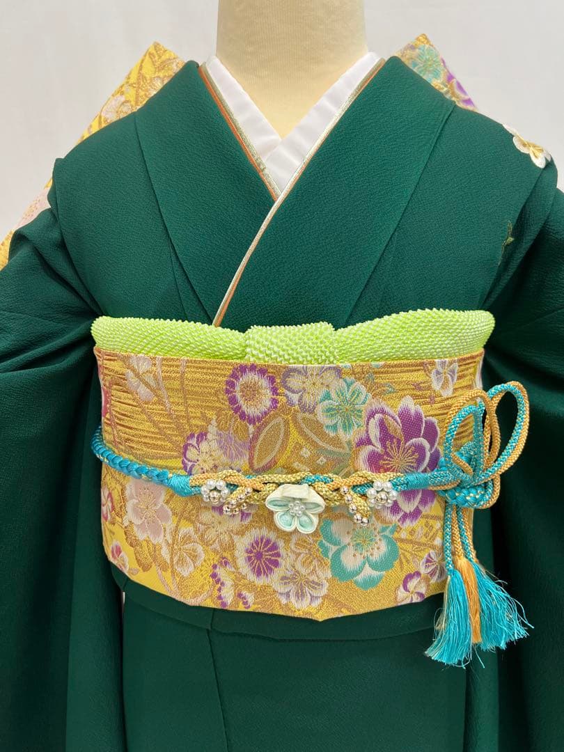 振り袖 フルセット 長襦袢付 緑 成人式 パーティー 刺繍入り 長尺袋帯