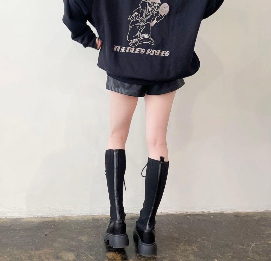 GYDA 黒 レザーと布のロングブーツ 厚底 編み上げブーツ - メルカリ