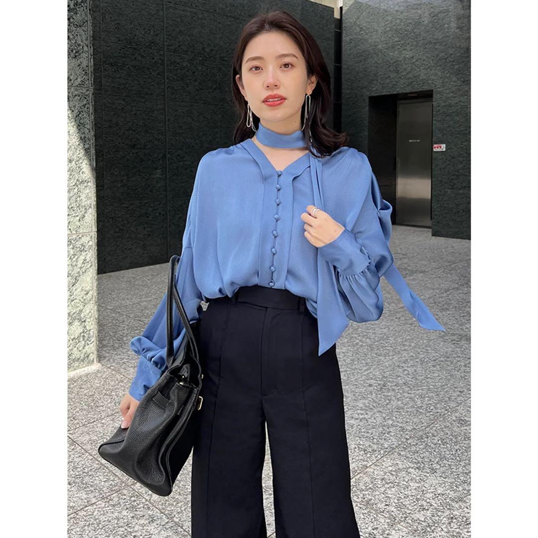 24ss アニュアンス フォルムスリーブタイブラウス ボウタイ 青 ブルー