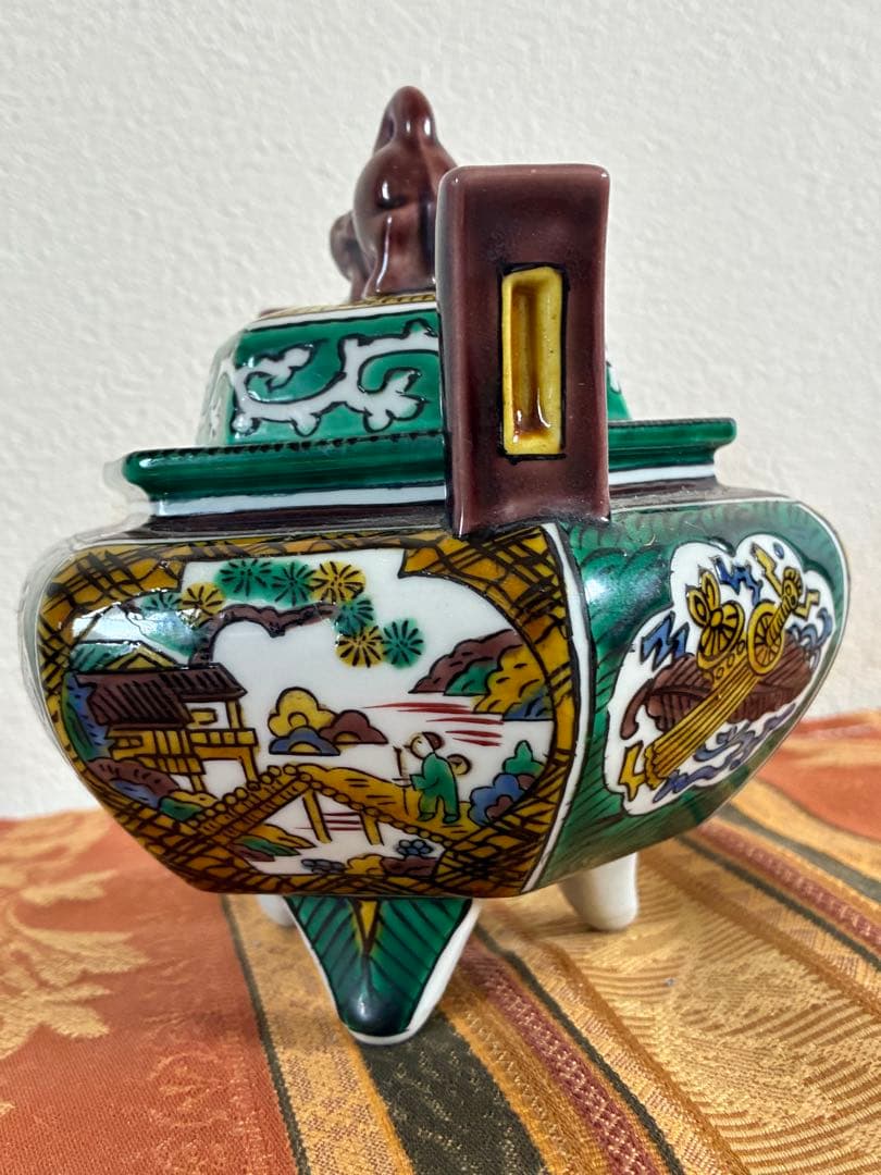 骨董＊九谷焼＊香炉＊陶器＊六角形＊獅子蓋付香炉＊年代物＊美品