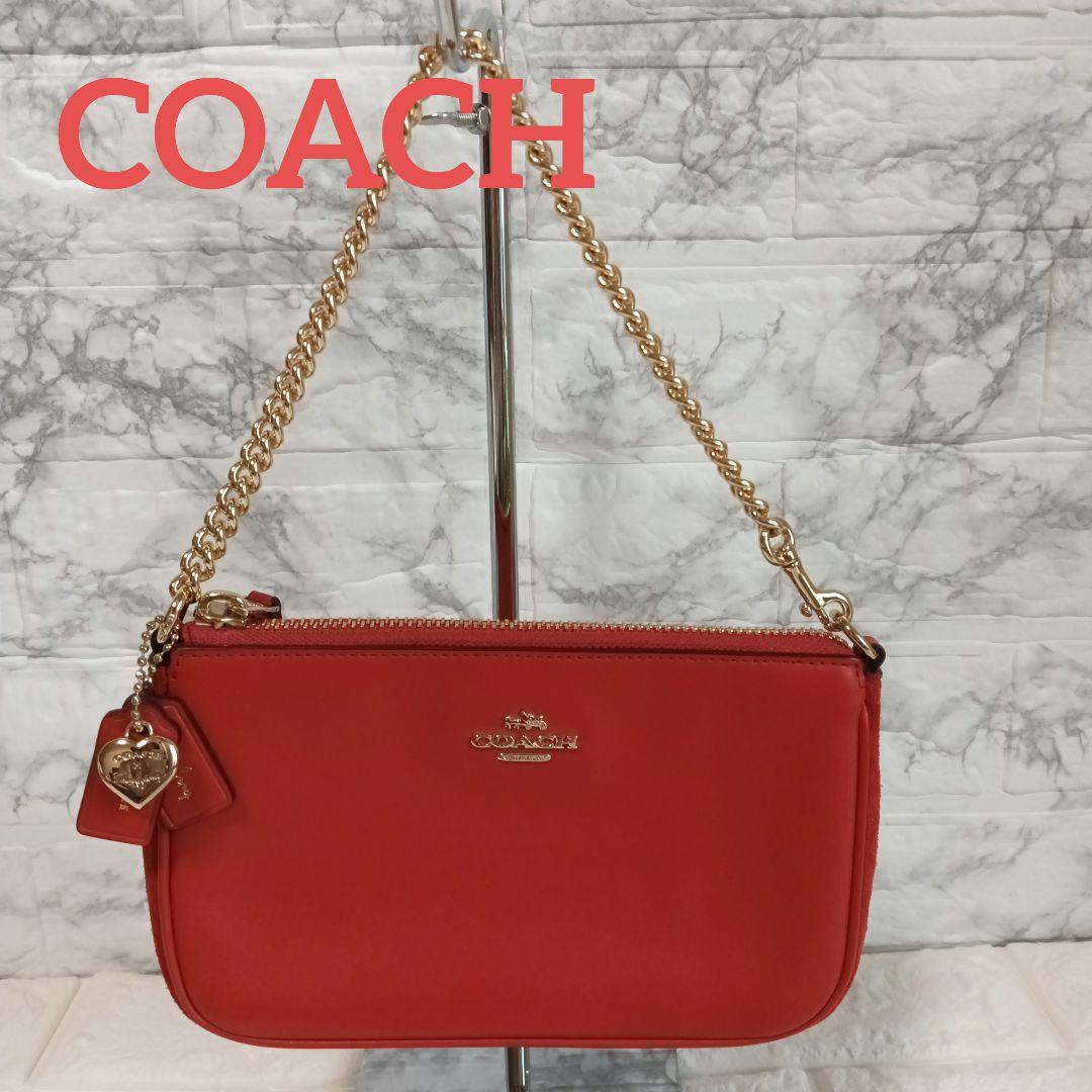 美品✨コーチ アクセサリーポーチ レザー 赤 チェーン ゴールド金具