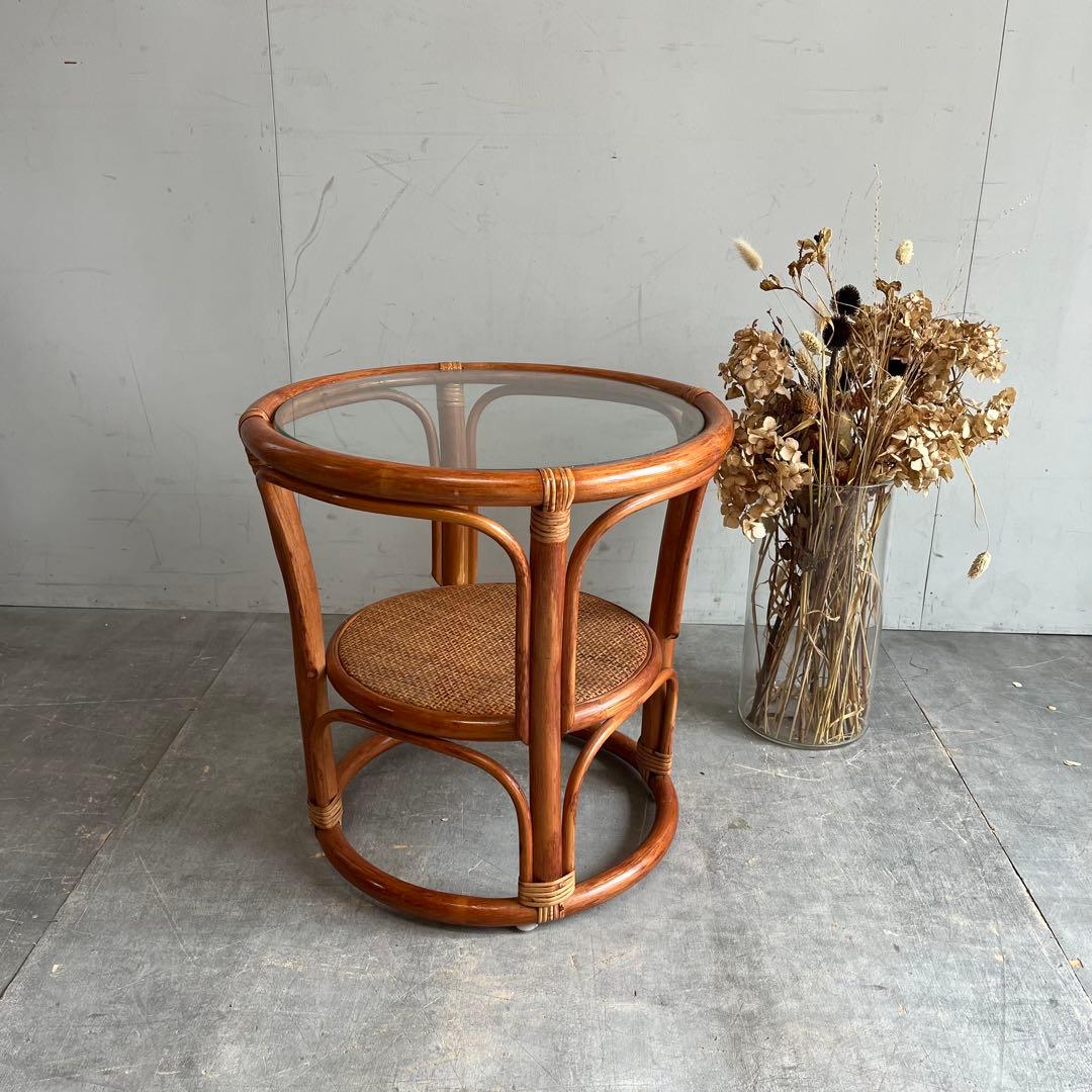 ヴィンテージ ガラス ラタン 籐 テーブル レトロ 丸 ラウンド z372 昭和レトロ ラウンドガラストップラタンローテーブル ラタン製円形