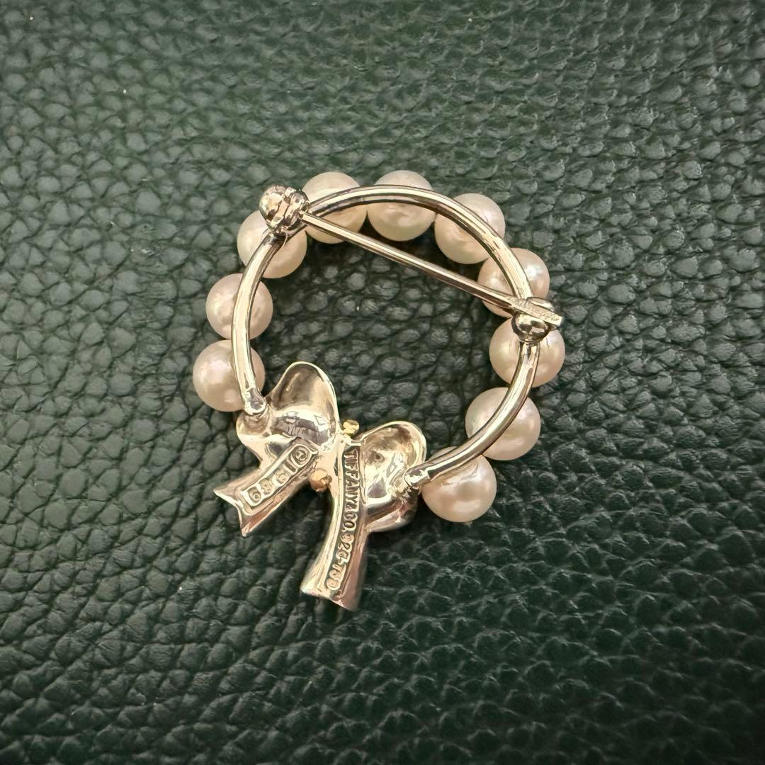 ティファニー925/750アコヤパールリボンリースブローチ 共箱付き