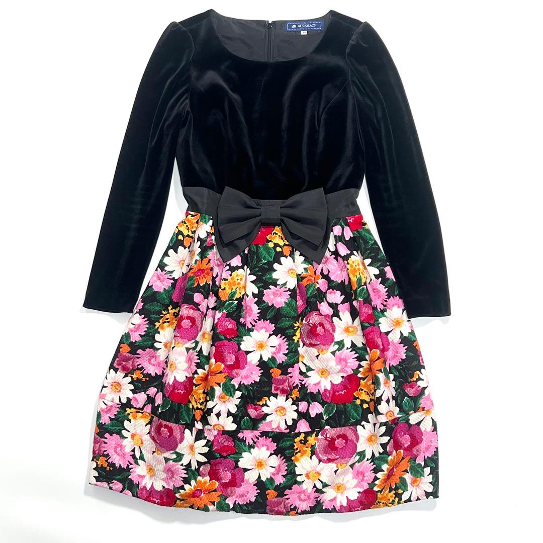 美品】エムズグレイシー ワンピース ベロア リボン 花柄 ドッキング 38