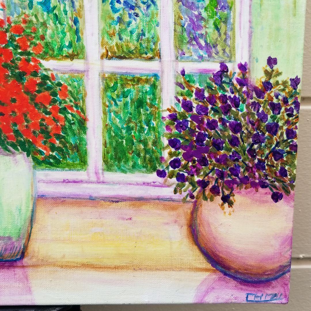 キャンバス油絵 よっこ様専用確認 窓辺に並べたお花 大きめキャンバス