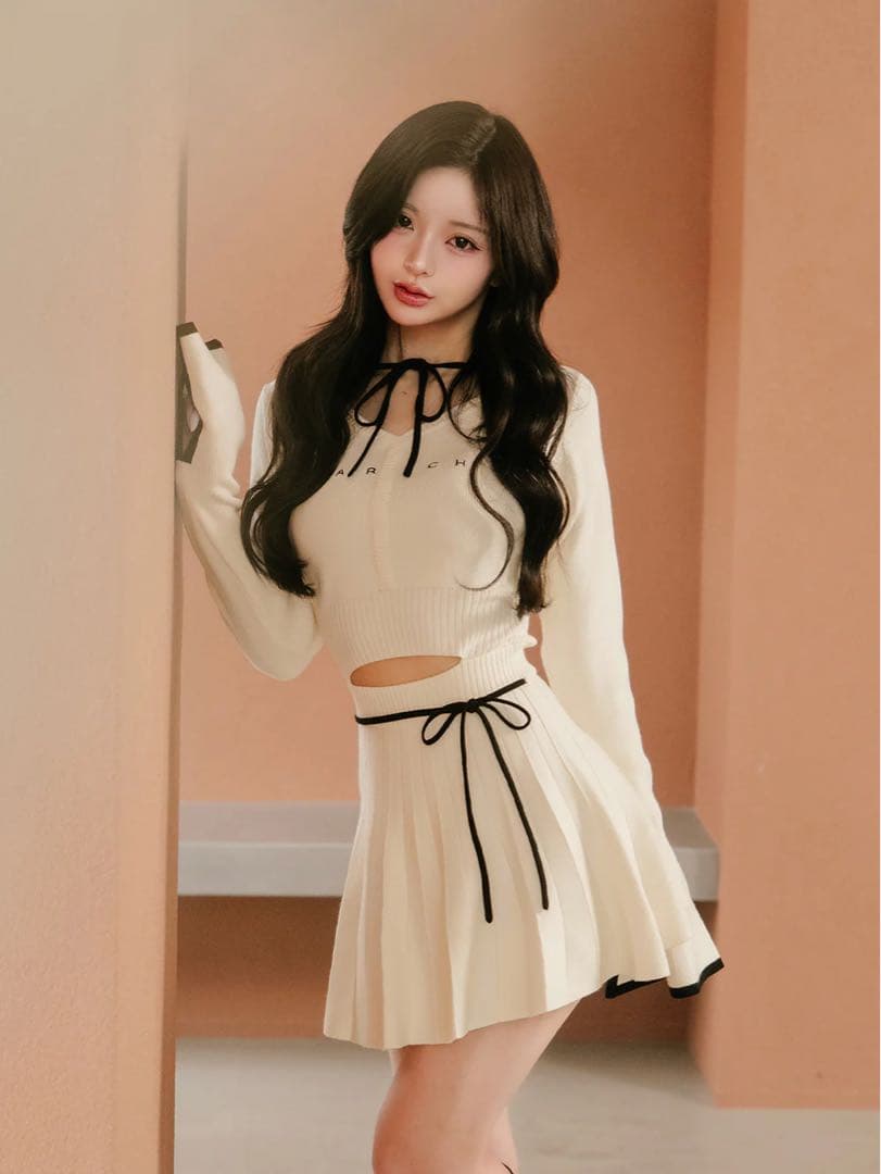 darich ウエストオープンリボンデザインニットミニワンピースFL 予約商品】ウエストオープンリボンデザインニットミニワンピース