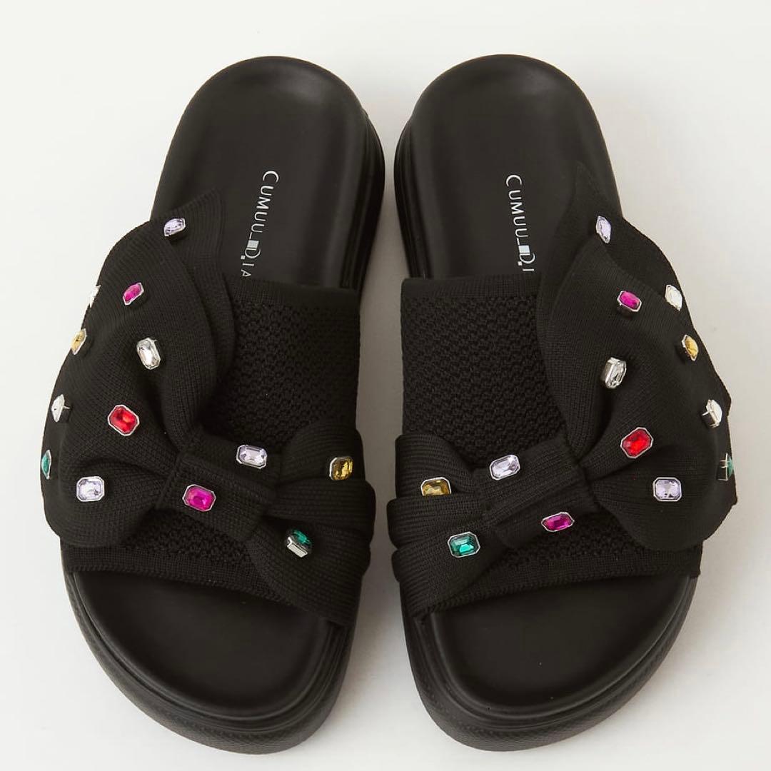 CUMUU_DIANA リボンニットサンダル クロニット/マルチビジュー L クムウ_ダイアナ CUMUU_DIANA 【撥水加工】大ぶりリボンニットサンダル