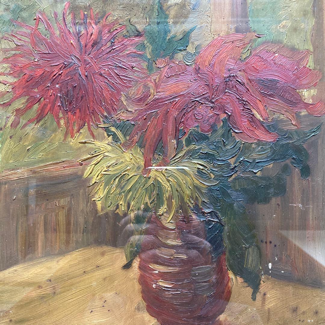 ＫKikuchi菊の花油絵静物画　額￼48.5×39.2×5絵33×23.5cm