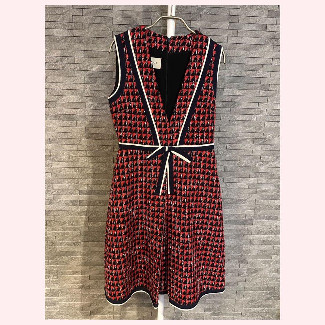 ★GUCCI★ツイードワンピース　リボン 中古・古着通販】GUCCI (グッチ) ZACKV袖フリルツイードワンピース