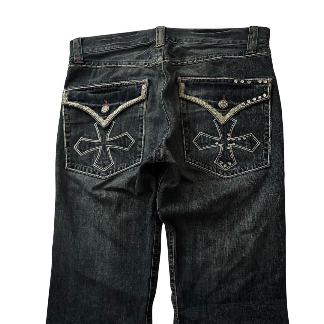 grunge cross design flare denim y2k - メルカリ