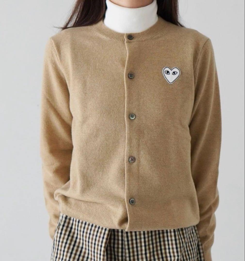 コムデギャルソン 白ハート刺繍 カーディガン ベージュ ウール ワン