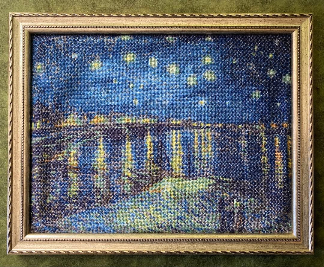 【完成品】〈ローヌ川の星月夜〉クロスステッチ Amazon | 14CT クロスステッチ刺繍 キット《ローヌ川の星月夜》刺繍