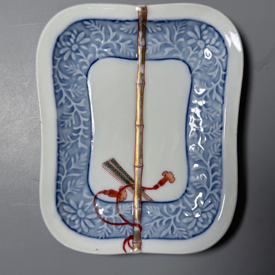 明治時代 有田焼 岩松平吾 色絵軍配形皿 五枚 角岩印 陽刻 珍品 残り