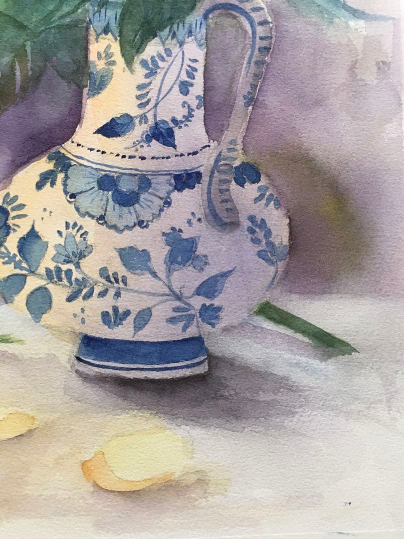 透明水彩画原画オレンジの薔薇とデルフト焼きの花瓶⑨ - メルカリ