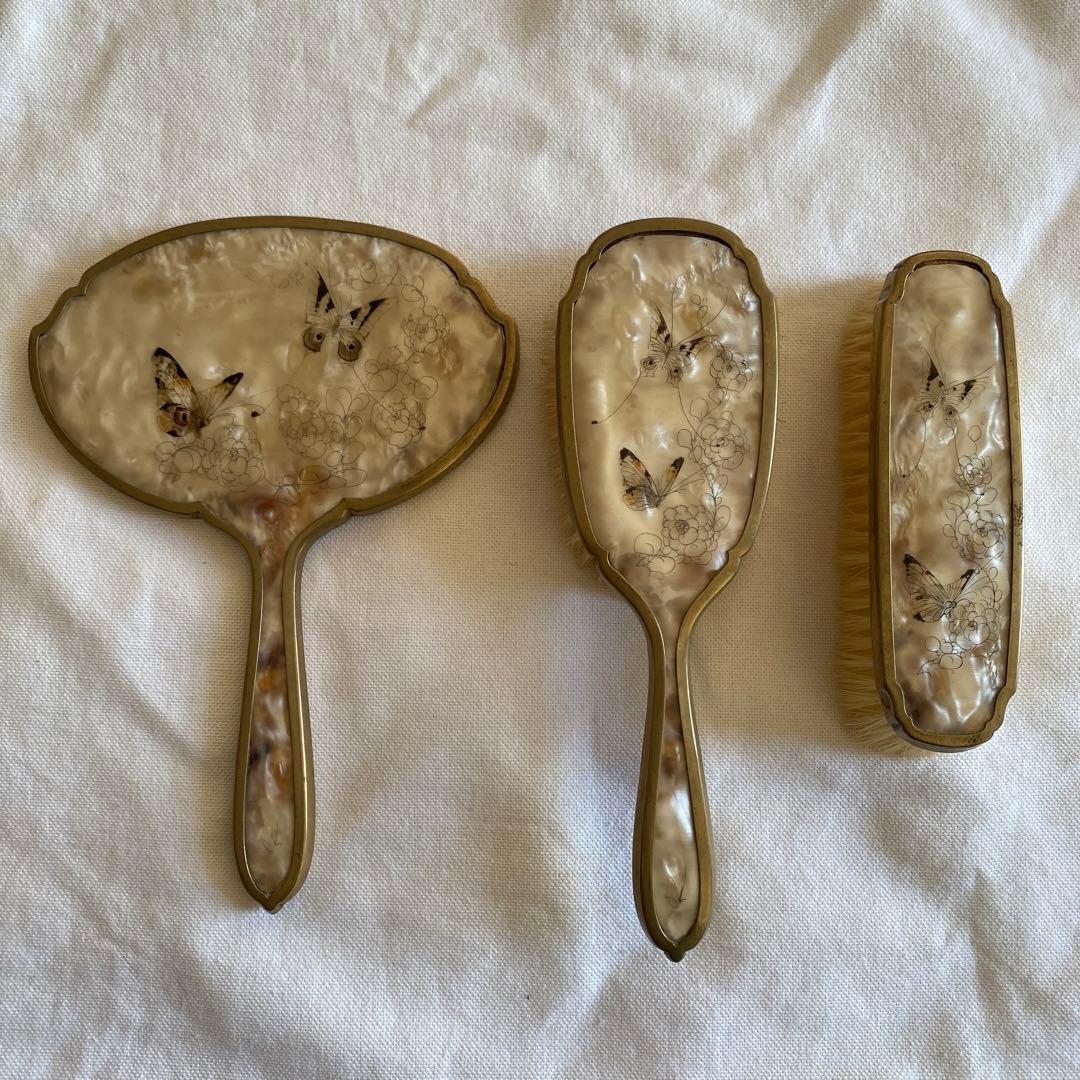 フランスアンティーク　手鏡、ブラシセット 天使の手鏡 エンジェルモチーフ ミラー | Brocante de La Cocotte