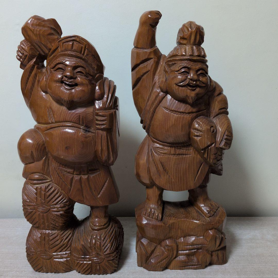 値下)木製 「恵比寿天」＋「大黒天」 彫刻 2体 - メルカリ