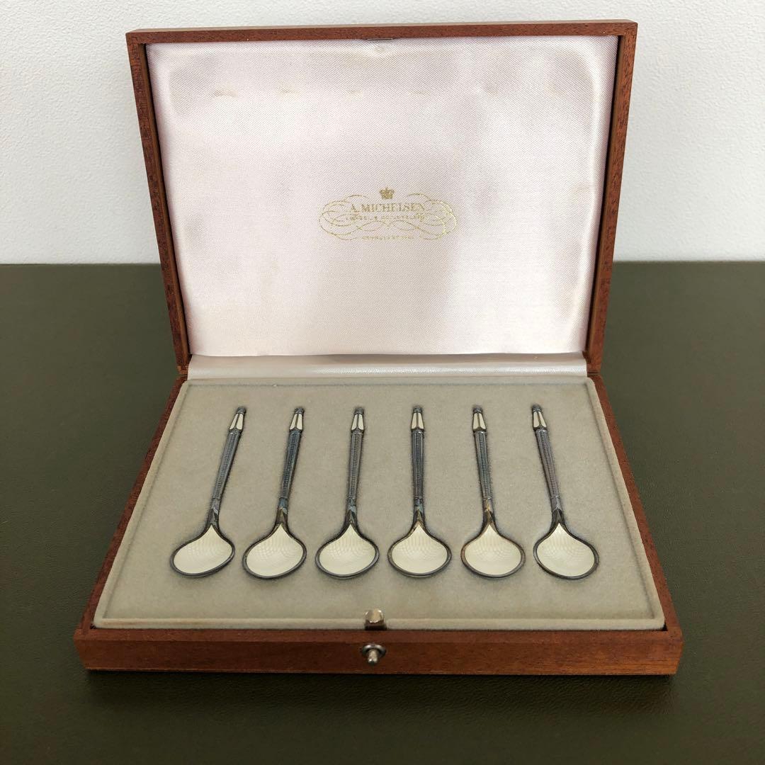 アントン ミケルセン　純銀製　デミタススプーン6客　七宝　ジョージジェンセン　銀 アントン ミケルセン 純銀製 デミタススプーン6客 七宝 ジョージ