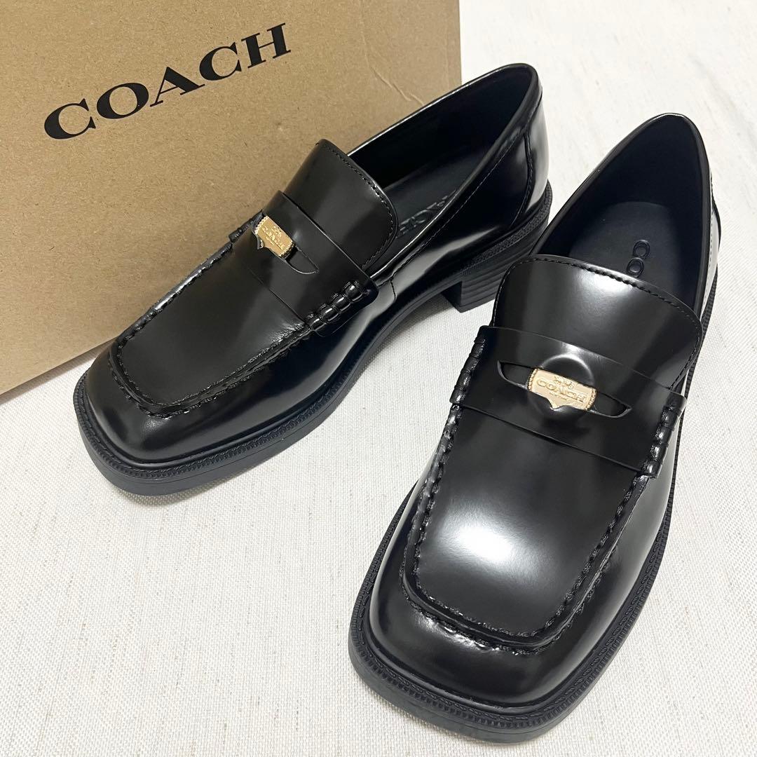 未使用】COACH コーチ スクエアトゥ コイン ローファー 本革 レザー 黒