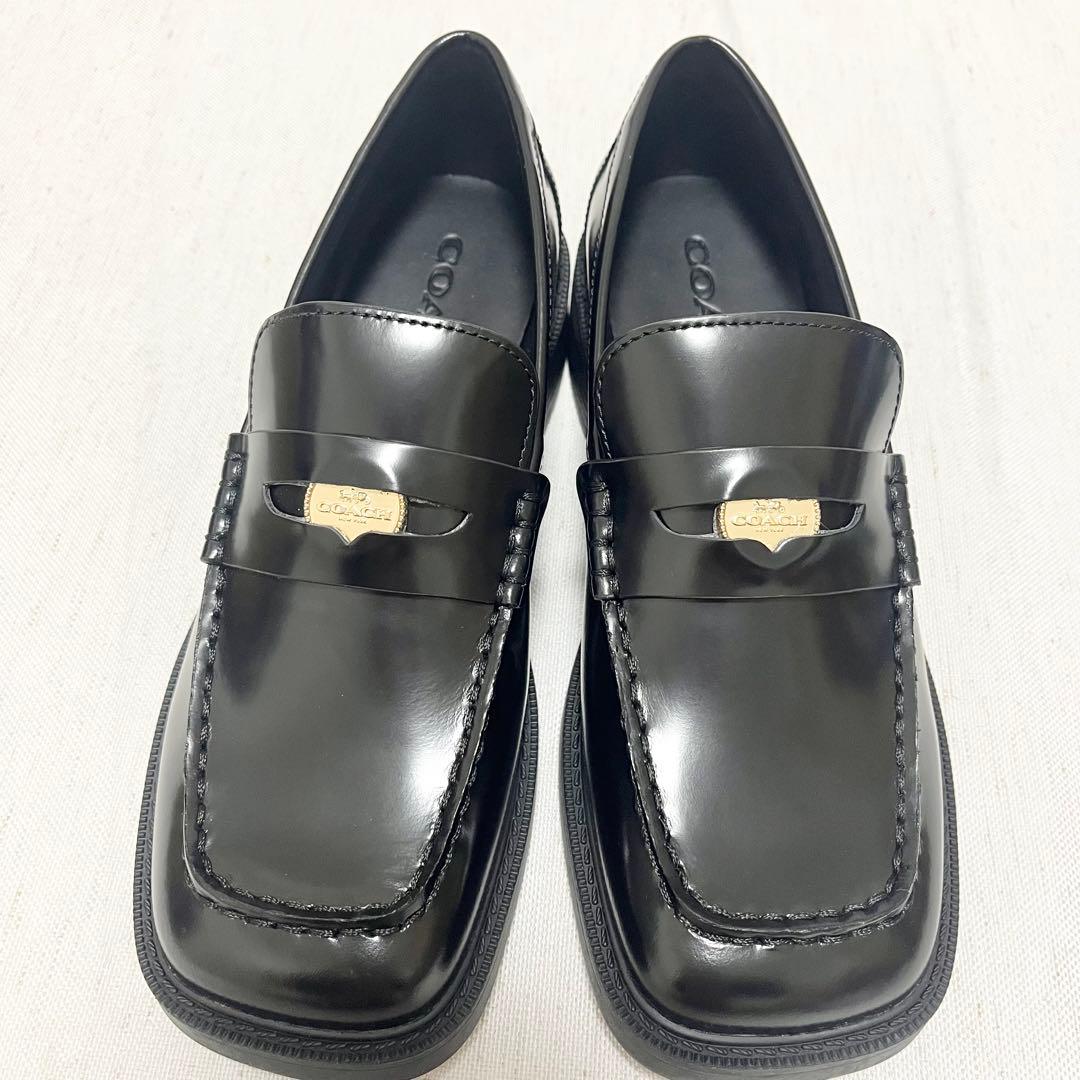 未使用】COACH コーチ スクエアトゥ コイン ローファー 本革 レザー 黒