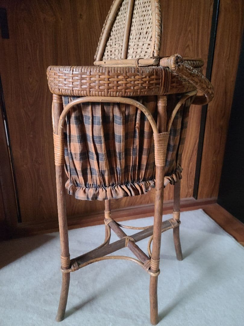 フランスアンティーク ラタン チェック柄 バスケット