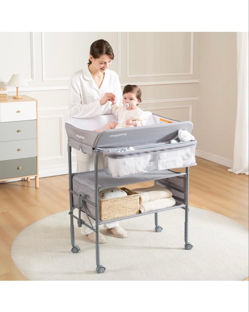 美品 maydony ベビーベッド グレー 収納付き オムツ交換台 - メルカリ