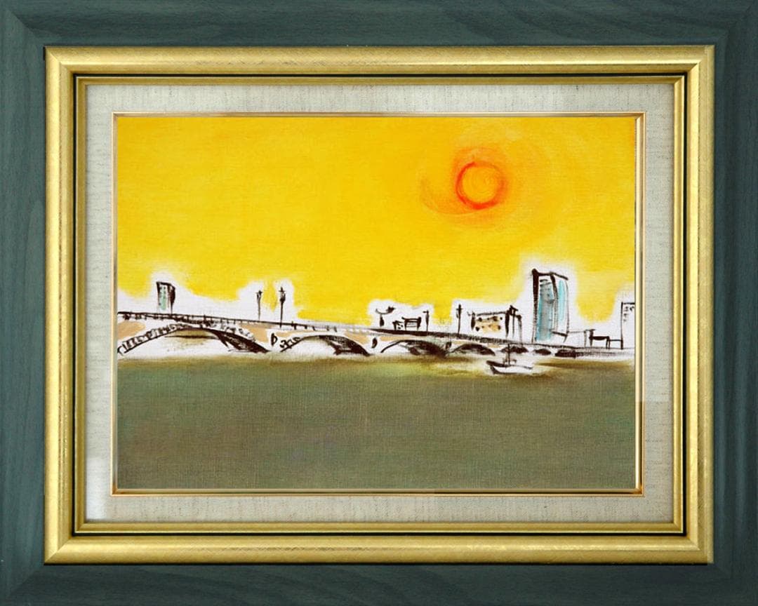 油絵 菅家令子 絵 絵画インテリア 額付(青緑＋金色の枠)F4-090814