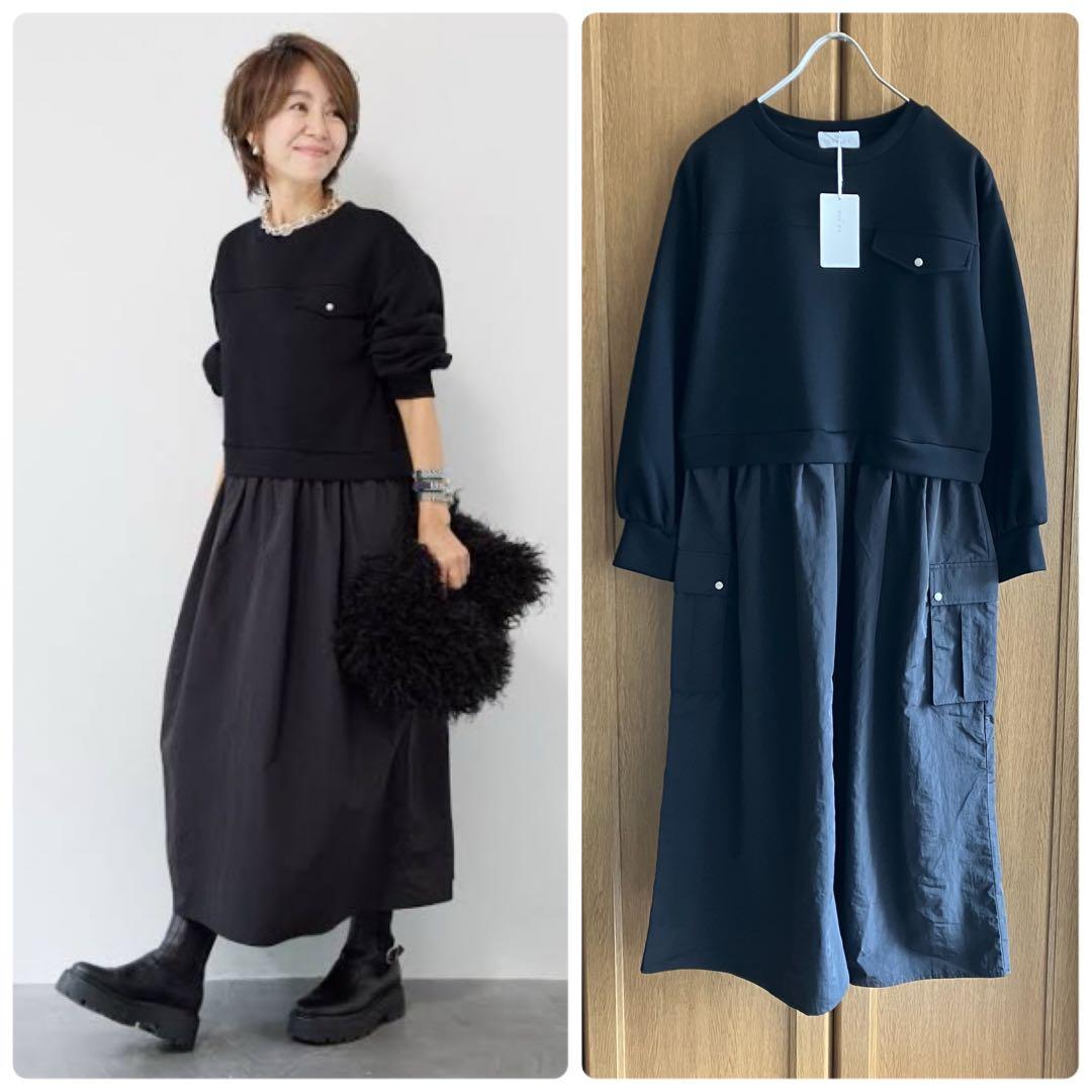 PLUS OTOHA プラスオトハ 異素材ドッキングワンピース 黒 ブラック