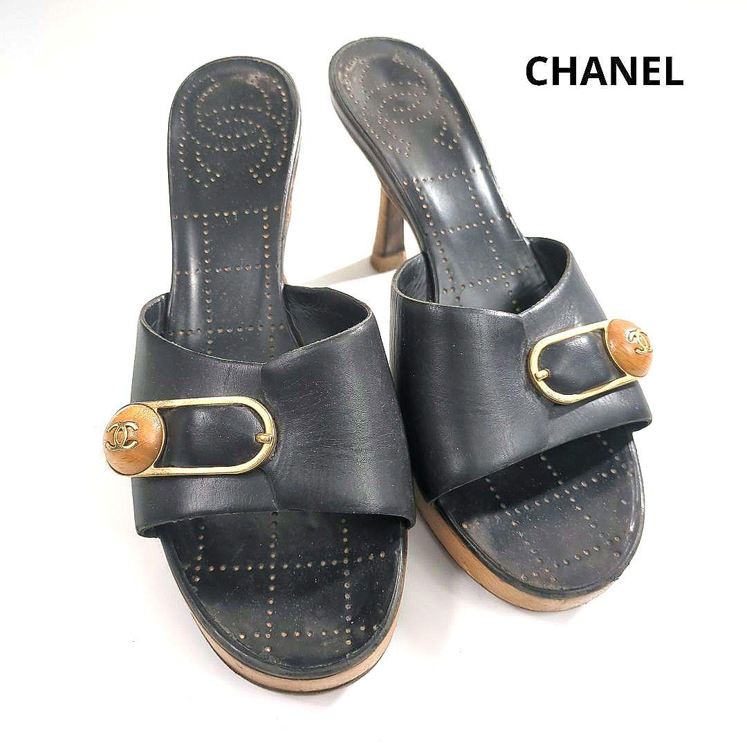 CHANEL サンダル ココマーク ヒール ミュール ゴールド金具 レザー
