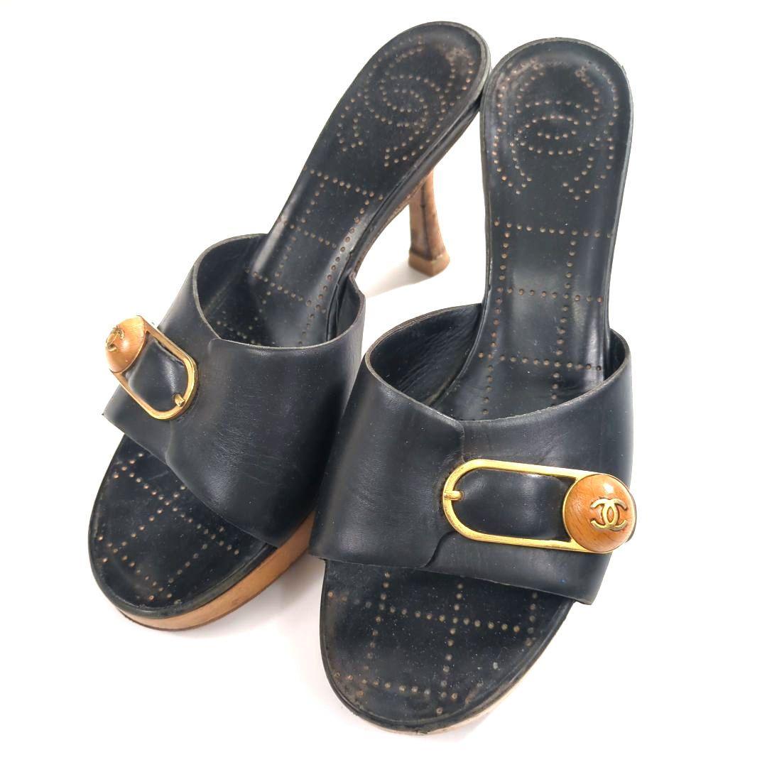 CHANEL サンダル ココマーク ヒール ミュール ゴールド金具 レザー