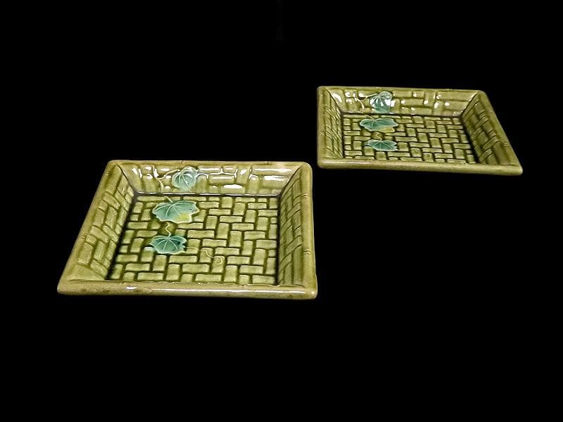 珉平焼 淡路焼 蔦図に網代の図 手塩皿 角皿 2枚